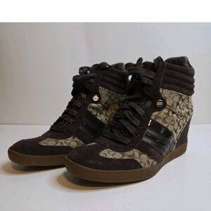 Coach Brown and Khaki Signature Wedge Sneakers